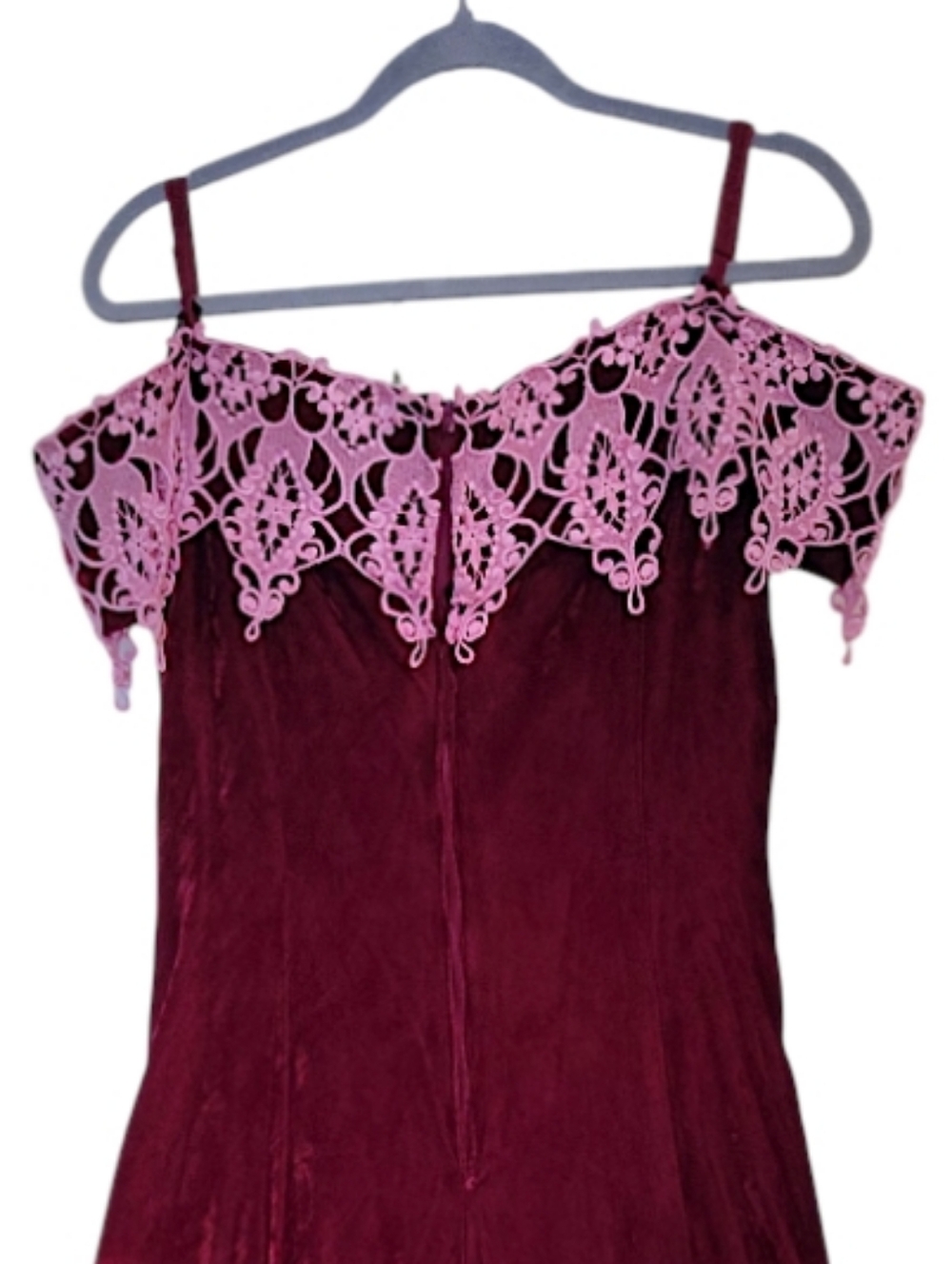 VTG 80s Burgundy Velvet Pink Brocade High Low Midi Prom Dress SZ 15/ 16 - Picture 9 of 13